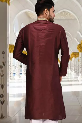 Mahroon dupion art silk  kurta with handwork in collar and button line