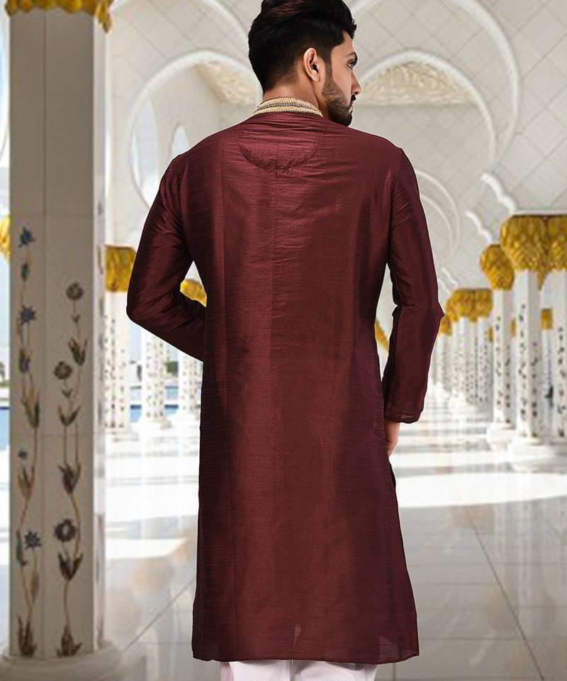 Mahroon dupion art silk  kurta with handwork in collar and button line