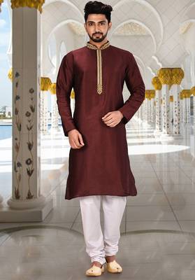 Mahroon dupion art silk  kurta with handwork in collar and button line 4