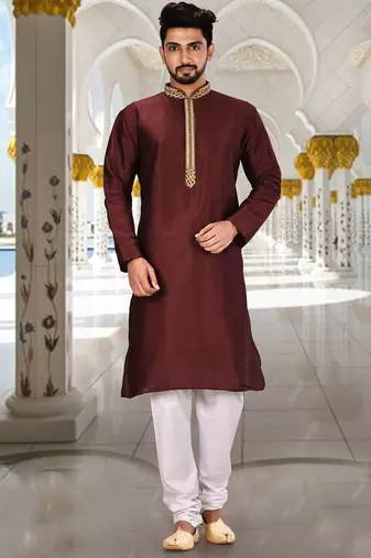 Mahroon dupion art silk  kurta with handwork in collar and button line