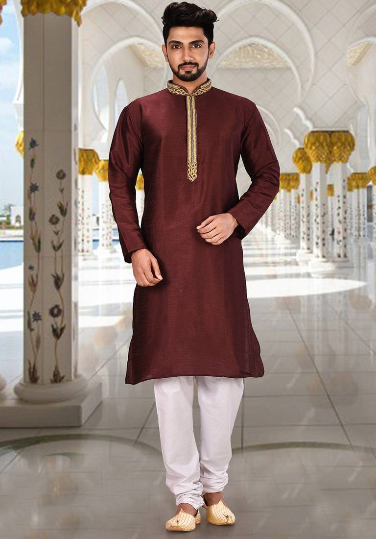 Mahroon dupion art silk  kurta with handwork in collar and button line