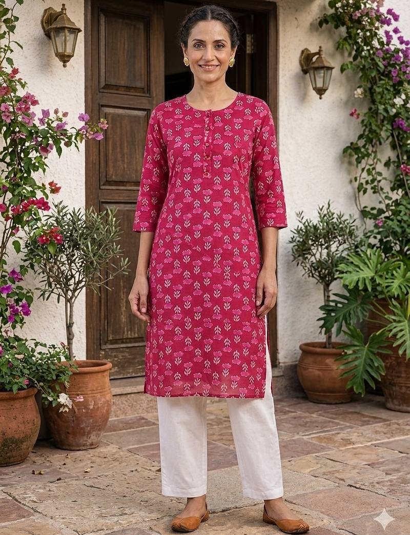 Pink printed cotton kurti