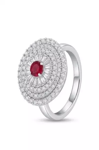 925 sterling silver cubic zirconia red stone cz ring with baguette halo layers
