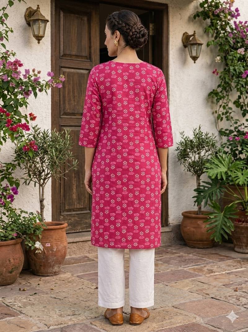 Pink printed cotton kurti