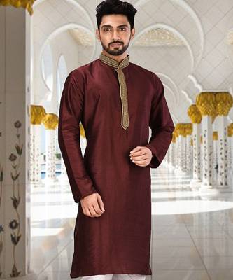 Mahroon dupion art silk  kurta with handwork in collar and button line 1