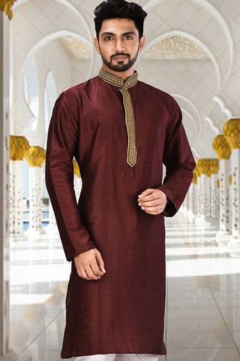 Mahroon dupion art silk  kurta with handwork in collar and button line