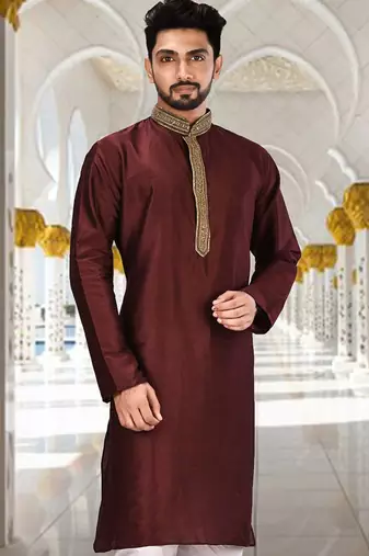 Mahroon dupion art silk  kurta with handwork in collar and button line