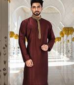 Mahroon dupion art silk  kurta with handwork in collar and button line