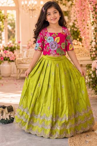 Kids girls festive wear position embroidered work lehenga choli set