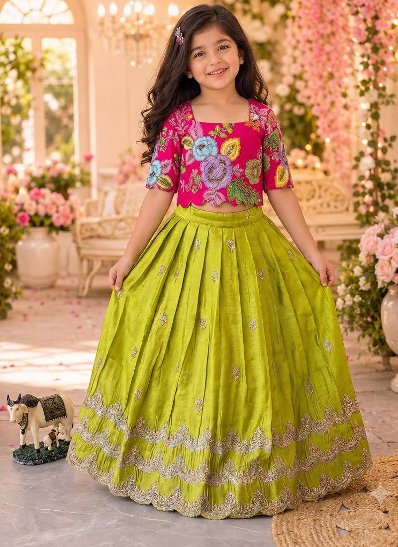 Kids girls festive wear position embroidered work lehenga choli set