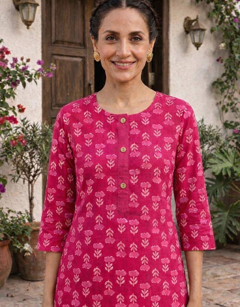 Pink printed cotton kurti