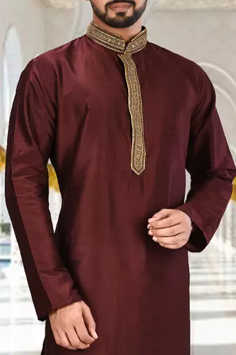 Mahroon dupion art silk  kurta with handwork in collar and button line