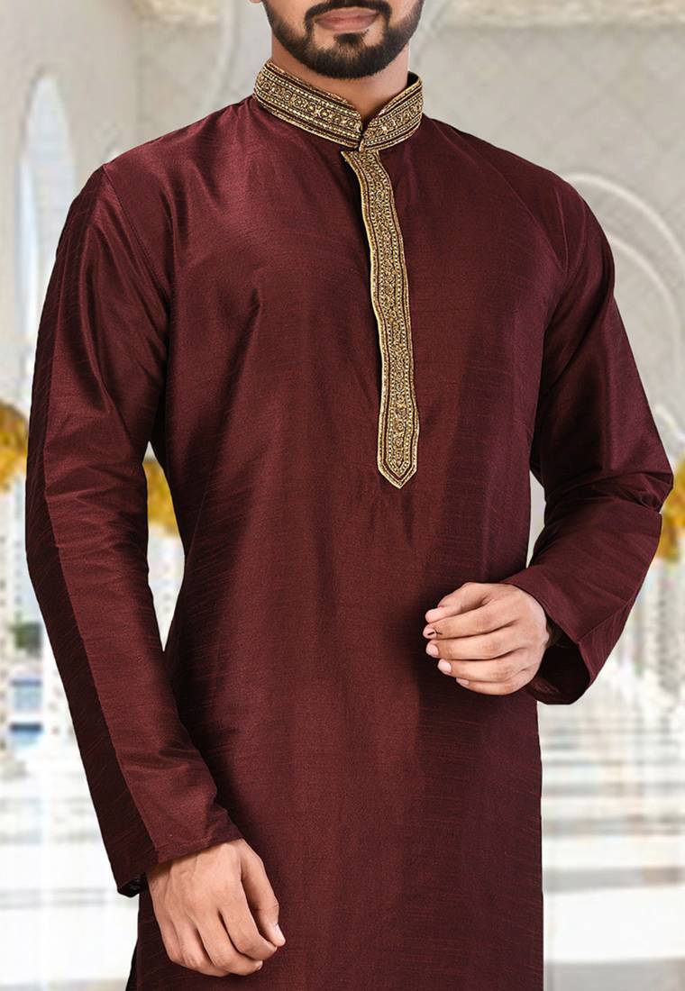 Mahroon dupion art silk  kurta with handwork in collar and button line