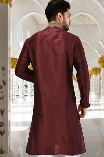Mahroon dupion art silk  kurta with handwork in collar and button line