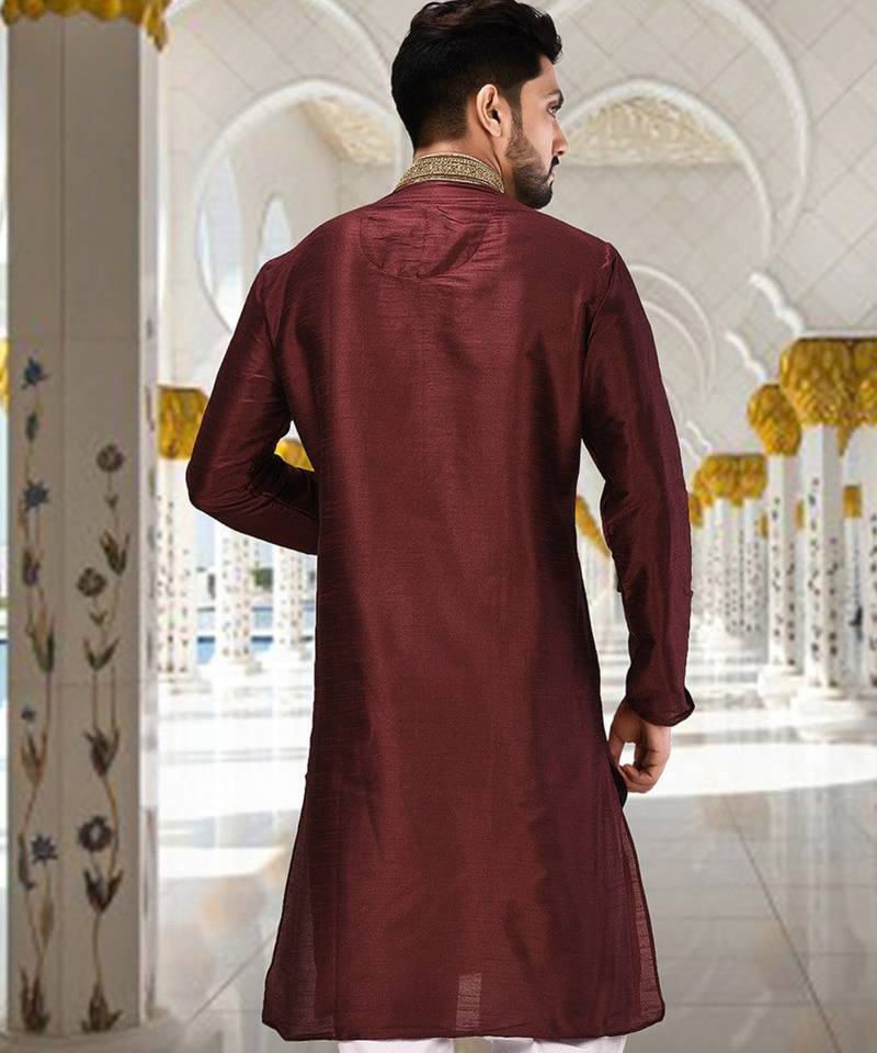 Mahroon dupion art silk  kurta with handwork in collar and button line