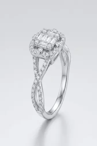 925 sterling silver cubic zirconia baguette cz square halo ring with criss-cross pavé band