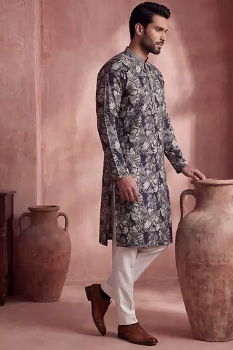 Mens blue viscose rayon floral printed kurta