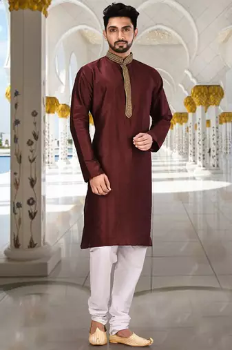 Mahroon dupion art silk  kurta with handwork in collar and button line