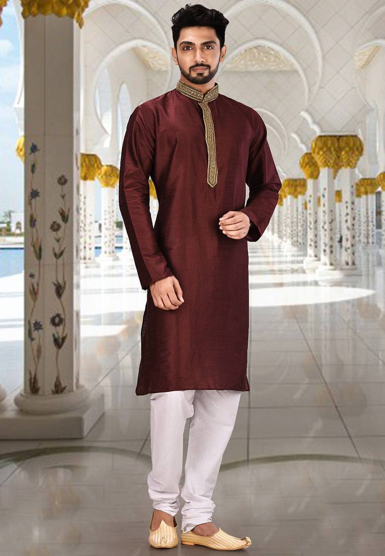 Mahroon dupion art silk  kurta with handwork in collar and button line