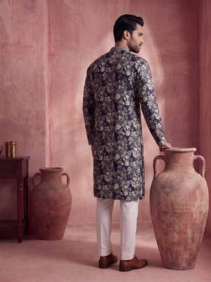 Mens blue viscose rayon floral printed kurta 4