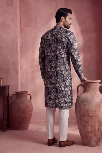 Mens blue viscose rayon floral printed kurta