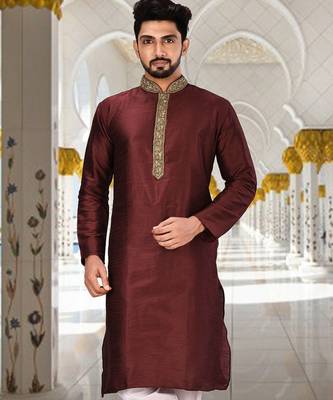 Mahroon dupion art silk  kurta with handwork in collar and button line 1