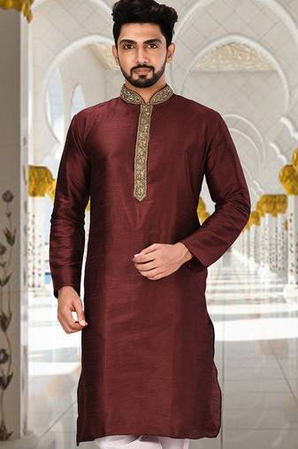 Mahroon dupion art silk  kurta with handwork in collar and button line