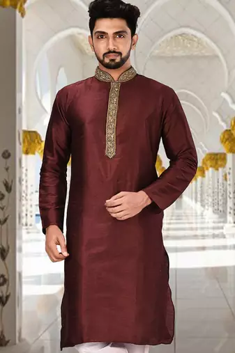 Mahroon dupion art silk  kurta with handwork in collar and button line