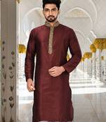 Mahroon dupion art silk  kurta with handwork in collar and button line
