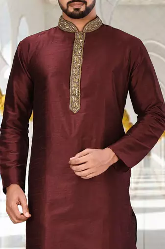 Mahroon dupion art silk  kurta with handwork in collar and button line