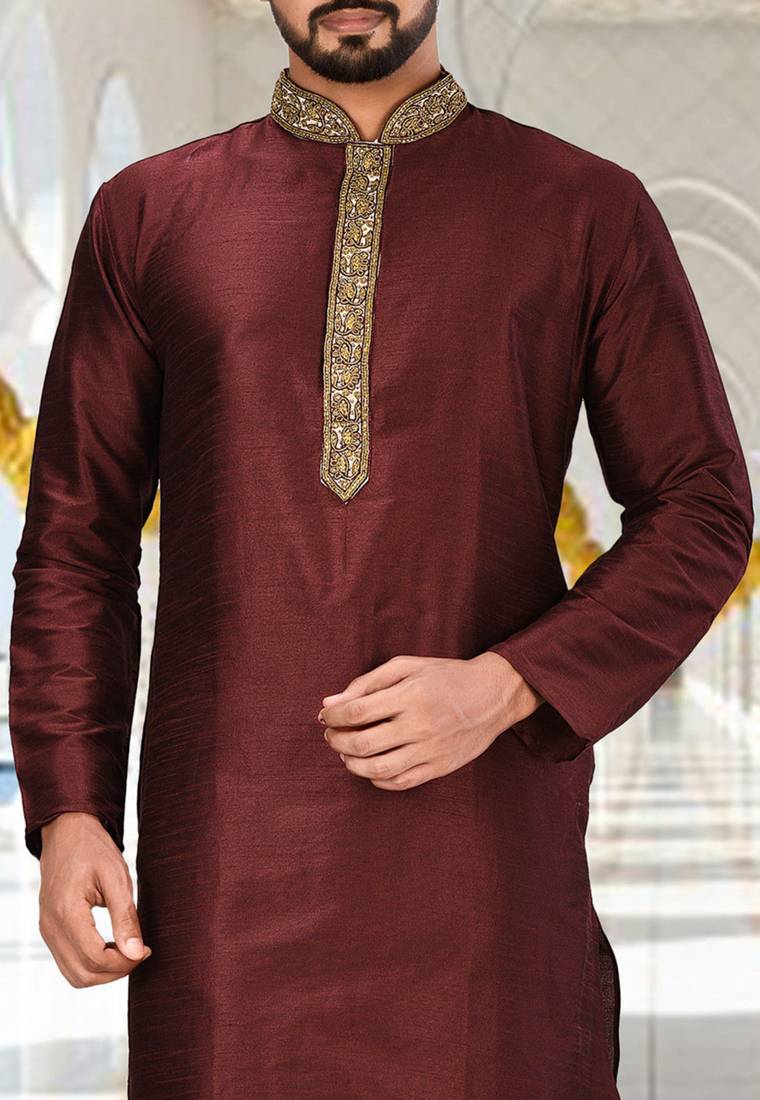 Mahroon dupion art silk  kurta with handwork in collar and button line