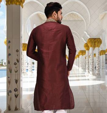 Mahroon dupion art silk  kurta with handwork in collar and button line 3