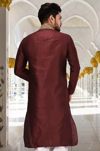 Mahroon dupion art silk  kurta with handwork in collar and button line
