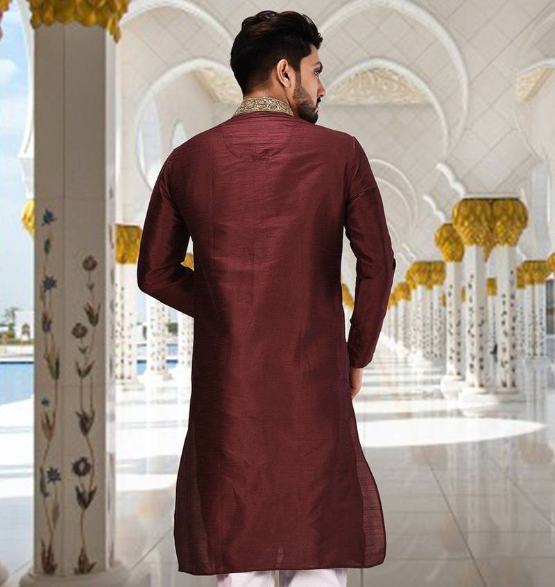 Mahroon dupion art silk  kurta with handwork in collar and button line