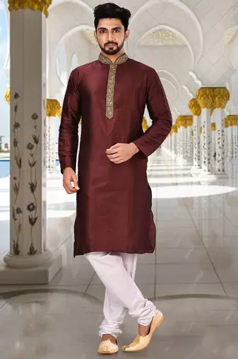 Mahroon dupion art silk  kurta with handwork in collar and button line