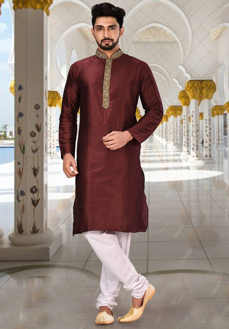 Mahroon dupion art silk  kurta with handwork in collar and button line