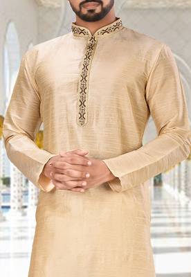 Fawn dupion art silk  kurta with handwork in collar and button line 1