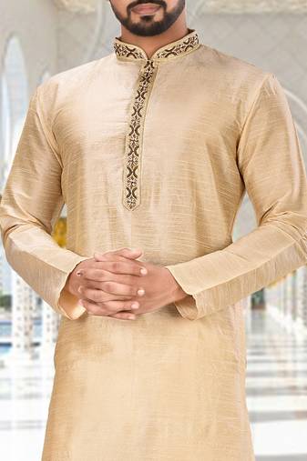 Fawn dupion art silk  kurta with handwork in collar and button line