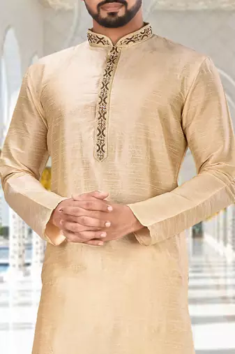 Fawn dupion art silk  kurta with handwork in collar and button line