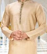 Fawn dupion art silk  kurta with handwork in collar and button line