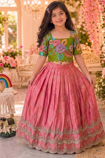 Kids girls festive wear position embroidered work lehenga choli set