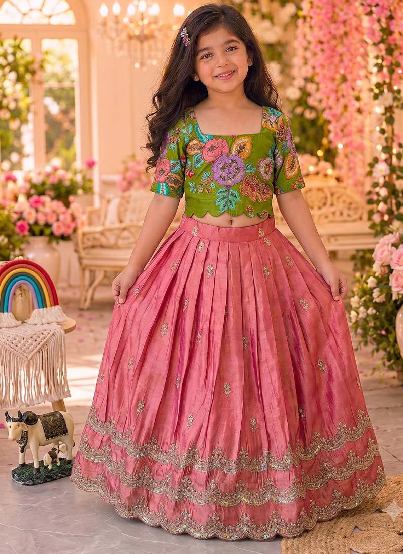 Kids girls festive wear position embroidered work lehenga choli set