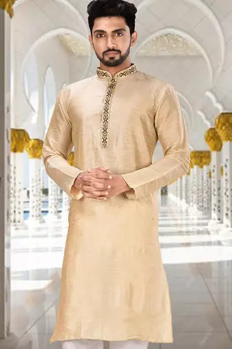 Fawn dupion art silk  kurta with handwork in collar and button line