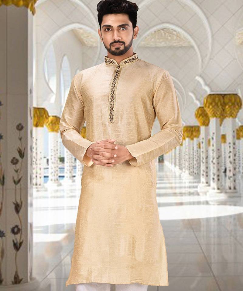 Fawn dupion art silk  kurta with handwork in collar and button line