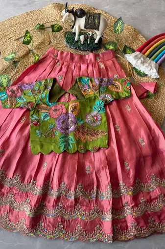 Kids girls festive wear position embroidered work lehenga choli set