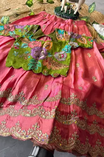 Kids girls festive wear position embroidered work lehenga choli set