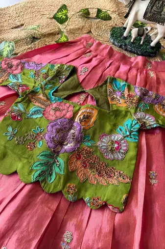 Kids girls festive wear position embroidered work lehenga choli set