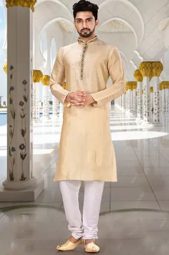 Fawn dupion art silk  kurta with handwork in collar and button line
