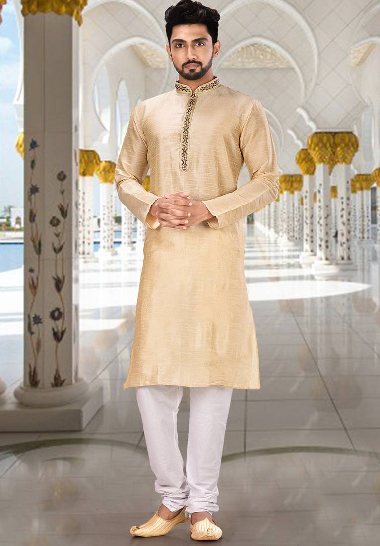 Fawn dupion art silk  kurta with handwork in collar and button line