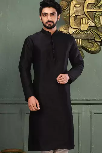 Black dupion art silk  kurta with machine dk work in collar and button line
